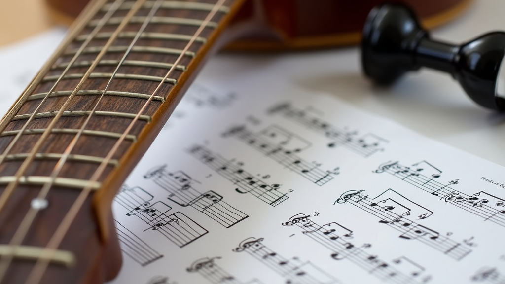 A close-up of an acoustic guitar fretboard with simple chord diagrams placed on sheet music surrounded by a tuner and capo.